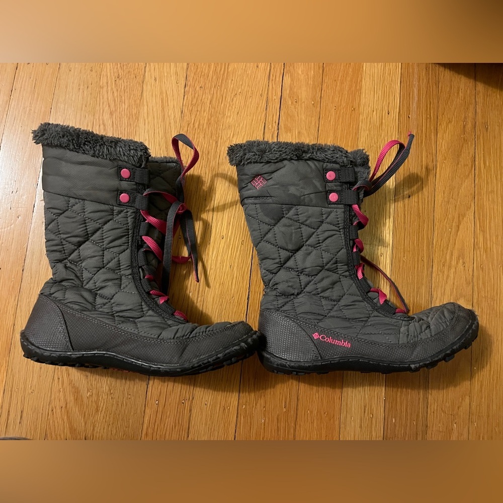 Columbia Youth Girl’s Minx Mid II Lace Up Winter Snow Boots Size 3 pink grey